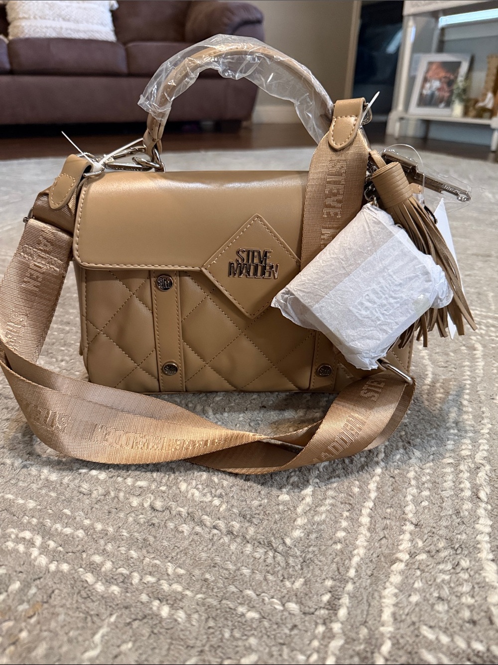 Steve Madden Camel Quilted Crossbody Bag with Wide Logo Strap